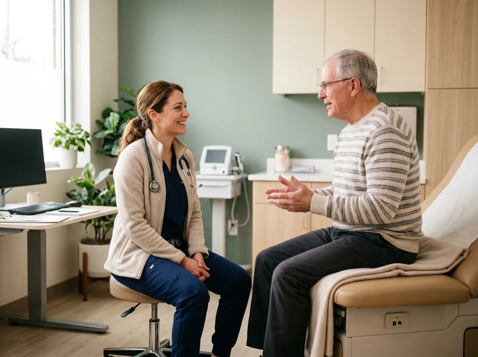 A physician sitting and giving full attention to an older patient during a calm clinic visit