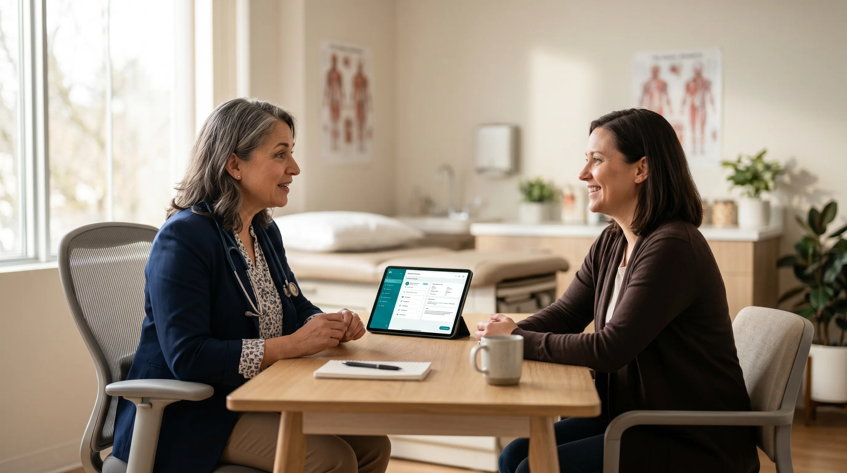 A physician and patient mid-conversation during a primary care visit