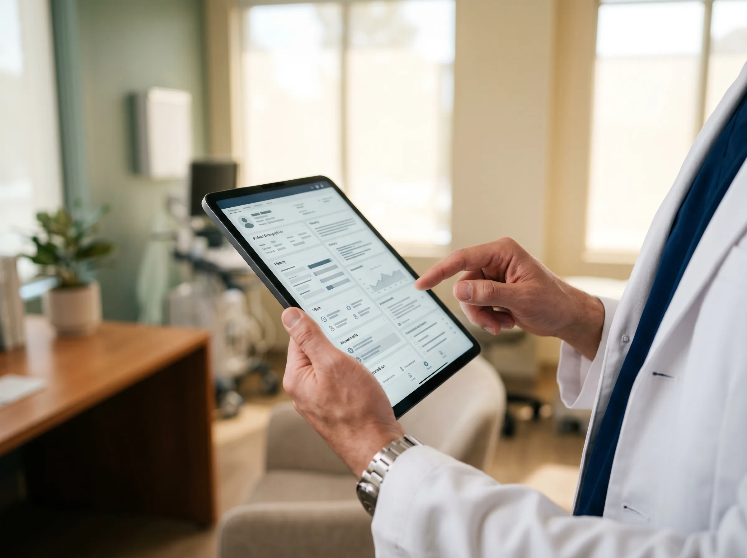 A physician catching up on clinical documentation after hours